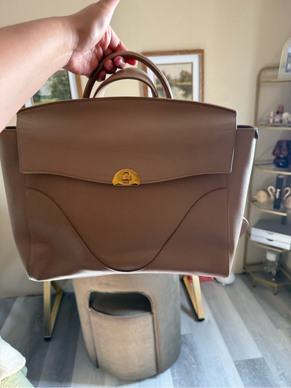 Taupe Leather Top-Handle Briefcase with Gold Hardware